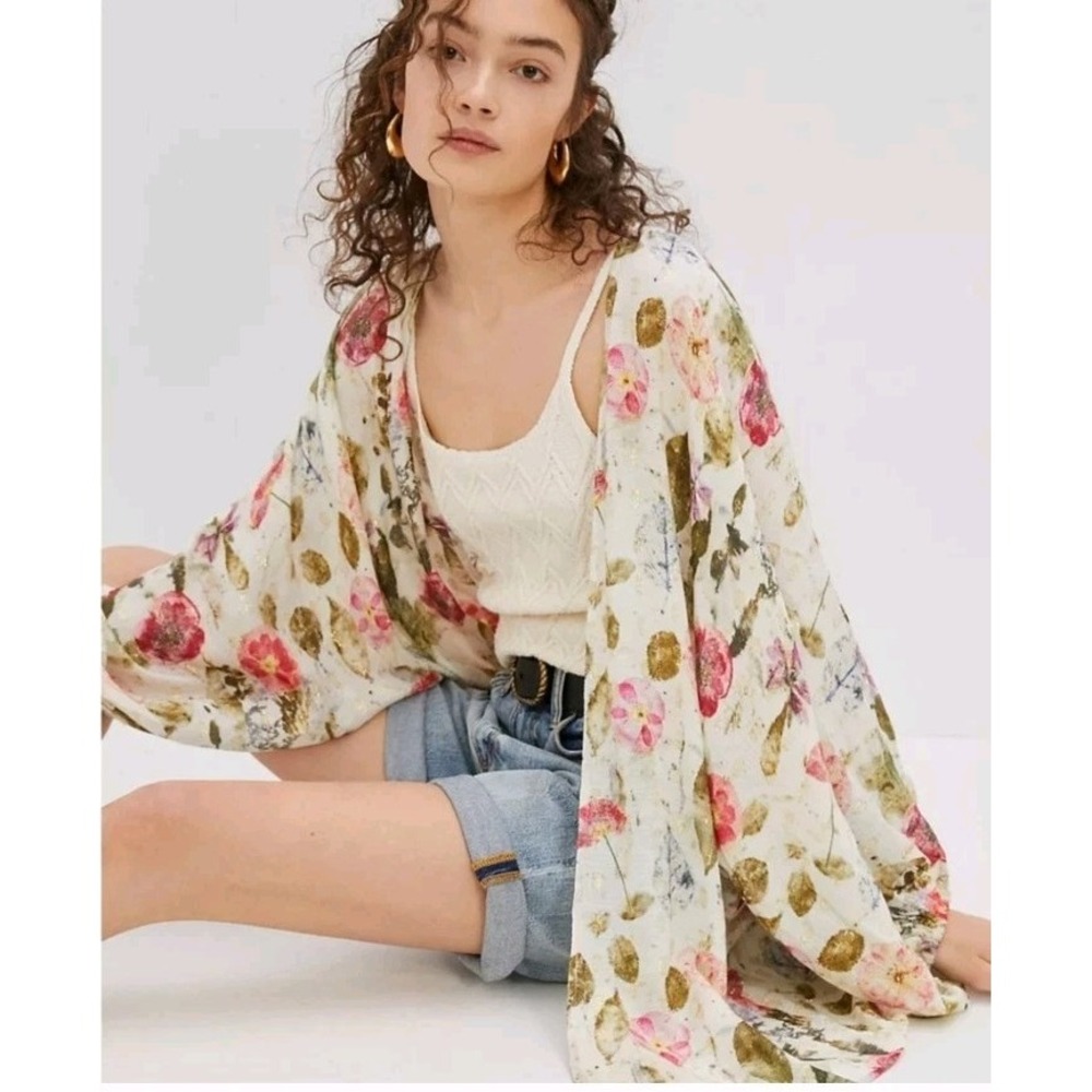 Anthropologie One Size Shimmer Boho‎ Kimono Floral Hippie Gypsy